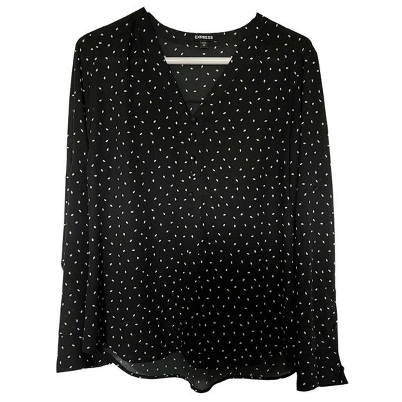 Express Black Long Sleeve Blouse Polka Dots White Leaves Size Medium - Picture 1 of 4